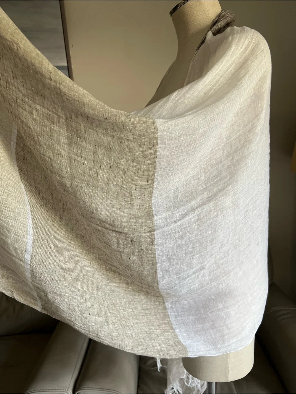 Pepito’s 100% Linen Scarf Made in Italy Lightweight White and Taupe Woven Shawl